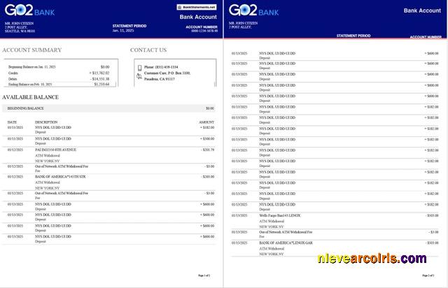 UK GO2 bank statement Word and PDF, 2 pages